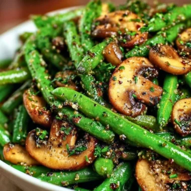 Sautéed garlic butter green beans and mushrooms in a skillet