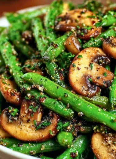 Sautéed garlic butter green beans and mushrooms in a skillet