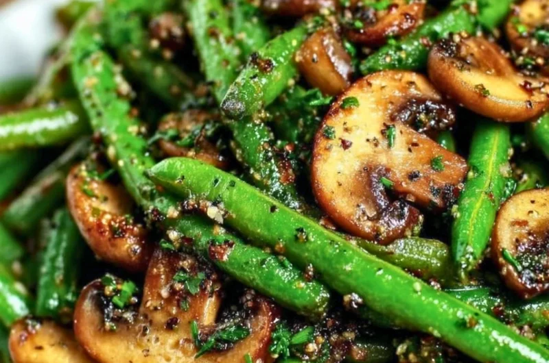 Sautéed garlic butter green beans and mushrooms in a skillet
