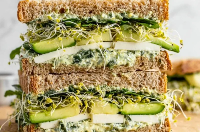Delicious and fresh Green Goddess Sandwich with vibrant greens and creamy dressing