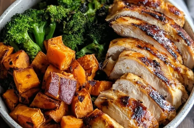 Grilled chicken and sweet potato bowl garnished with fresh herbs