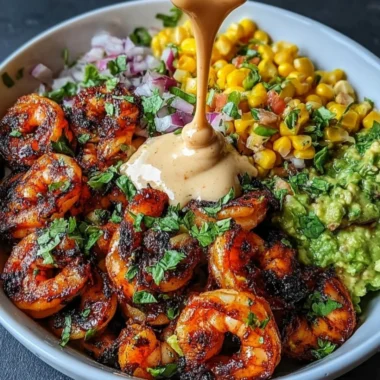 Grilled shrimp bowl with avocado, corn salsa, and creamy garlic sauce.