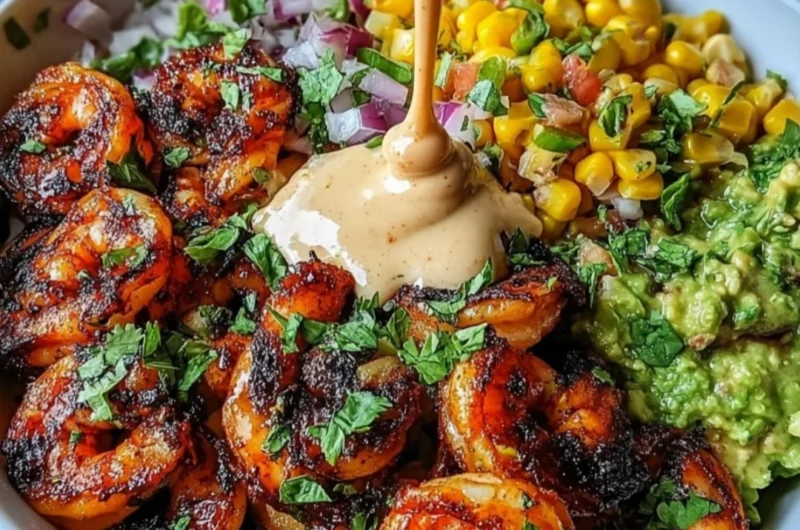 Grilled shrimp bowl with avocado, corn salsa, and creamy garlic sauce.