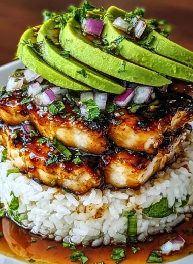 Honey Lime Chicken served with Avocado Rice Stack