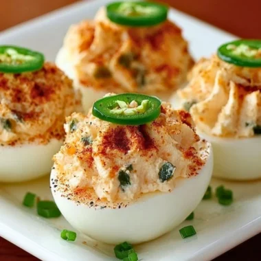 Delicious Jalapeño Deviled Eggs topped with sliced jalapeños and paprika.
