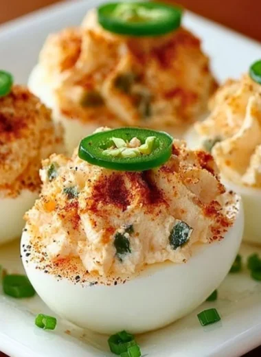 Delicious Jalapeño Deviled Eggs topped with sliced jalapeños and paprika.