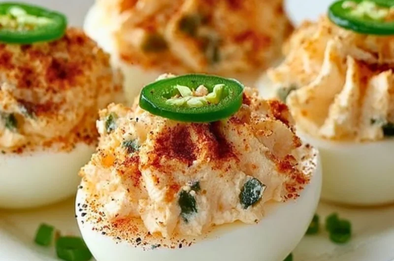 Delicious Jalapeño Deviled Eggs topped with sliced jalapeños and paprika.