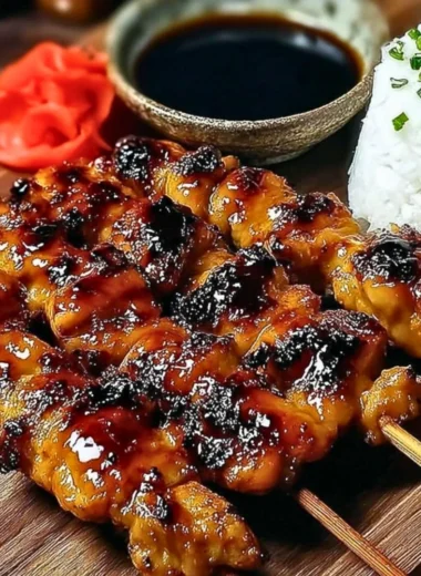 Delicious Chicken Yakitori skewers grilled to perfection, served with dipping sauce.