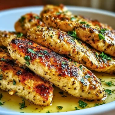 Plate of juicy Greek chicken tenders garnished with herbs and lemon wedges
