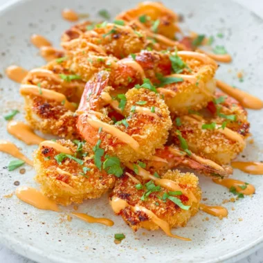 Keto Bang Bang Shrimp served on a plate with sauce and garnishes