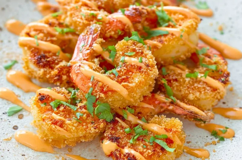 Keto Bang Bang Shrimp served on a plate with sauce and garnishes