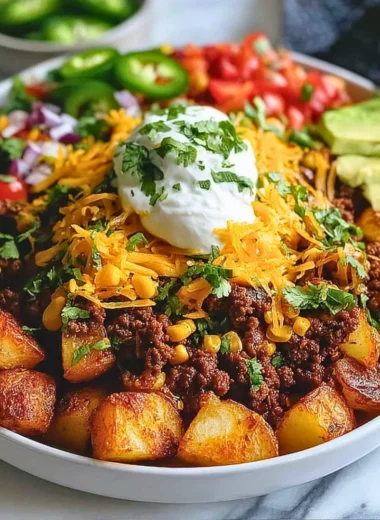 Loaded Potato Taco Bowl with crispy potatoes and vibrant toppings