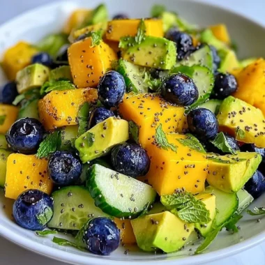 A colorful Mango Cucumber Salad topped with blueberries and avocado slices.