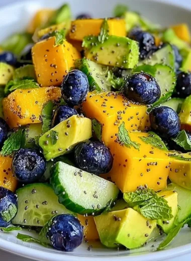 A colorful Mango Cucumber Salad topped with blueberries and avocado slices.