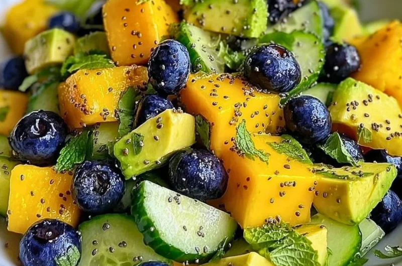 A colorful Mango Cucumber Salad topped with blueberries and avocado slices.