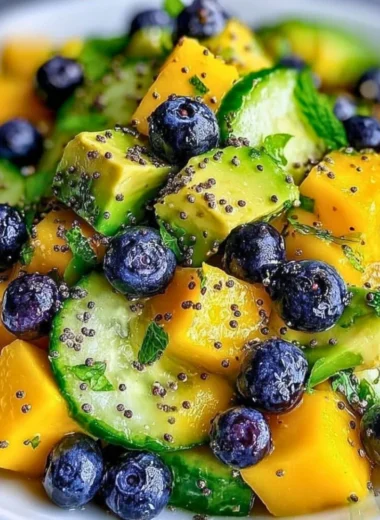 Mango Cucumber Salad with Blueberries and Avocado in a colorful bowl