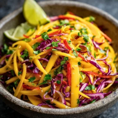 Freshly made Mango Slaw with colorful vegetables in a bowl