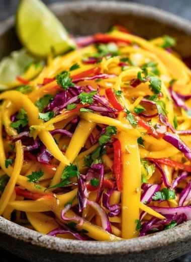 Freshly made Mango Slaw with colorful vegetables in a bowl