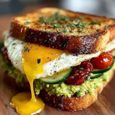 Mediterranean breakfast sandwich with fresh ingredients stacked high