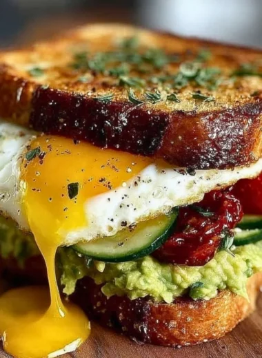 Mediterranean breakfast sandwich with fresh ingredients stacked high