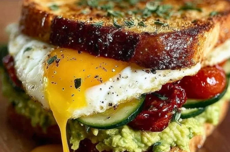 Mediterranean breakfast sandwich with fresh ingredients stacked high