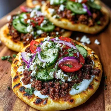 Mediterranean mini Lahmacun bites drizzled with yogurt on a wooden platter