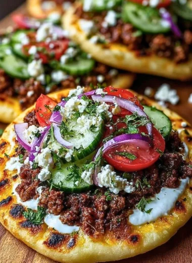Mediterranean mini Lahmacun bites drizzled with yogurt on a wooden platter