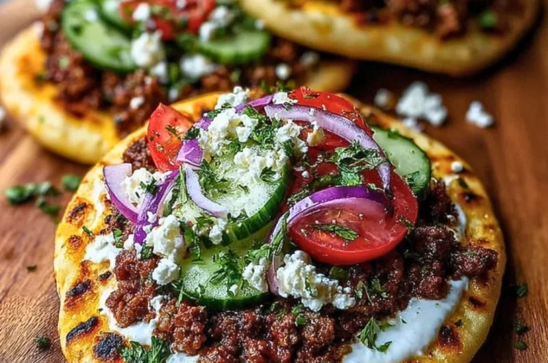 Mediterranean mini Lahmacun bites drizzled with yogurt on a wooden platter