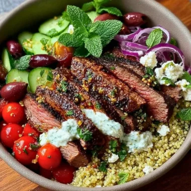 Mediterranean Steak Bowl with grilled veggies and sauces on a plate