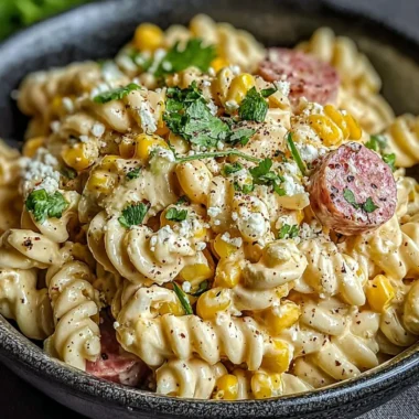 Bowl of Mexican Street Corn Pasta Salad with fresh ingredients and vibrant colors