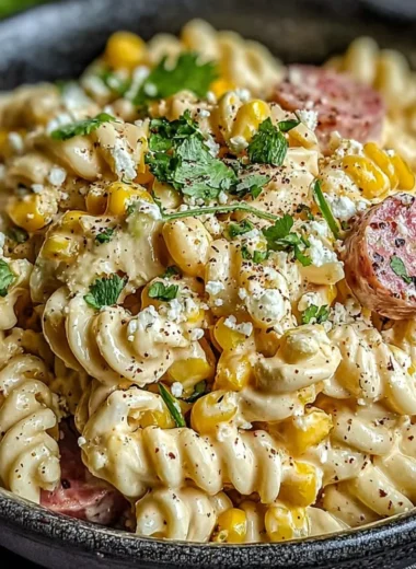 Bowl of Mexican Street Corn Pasta Salad with fresh ingredients and vibrant colors