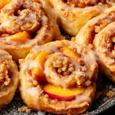 Fresh Peach Cobbler Cinnamon Rolls topped with glaze and cinnamon
