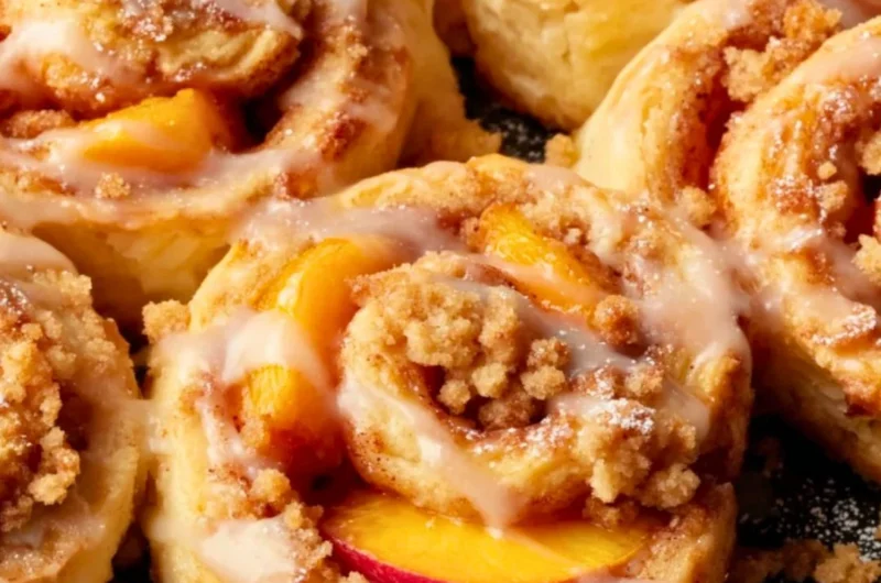 Fresh Peach Cobbler Cinnamon Rolls topped with glaze and cinnamon