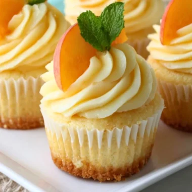 Delicious peach honey cheesecake cupcakes topped with fruit and honey.
