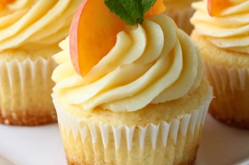 Delicious peach honey cheesecake cupcakes topped with fruit and honey.