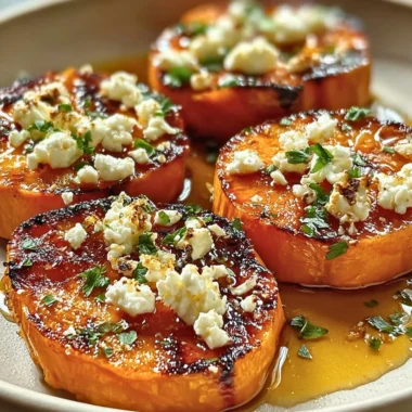 Roasted sweet potato rounds topped with honey and feta cheese
