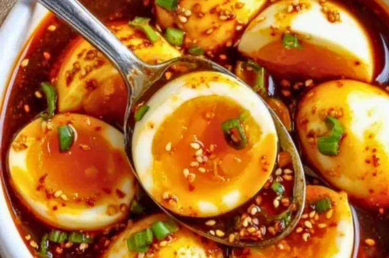 Delicious spicy gochujang eggs served on a plate with fresh herbs