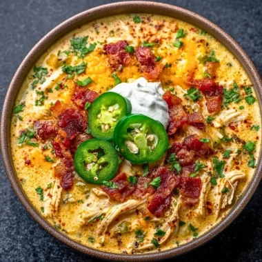 Bowl of spicy jalapeno popper chicken soup with toppings