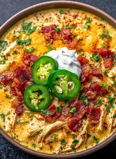 Bowl of spicy jalapeno popper chicken soup with toppings