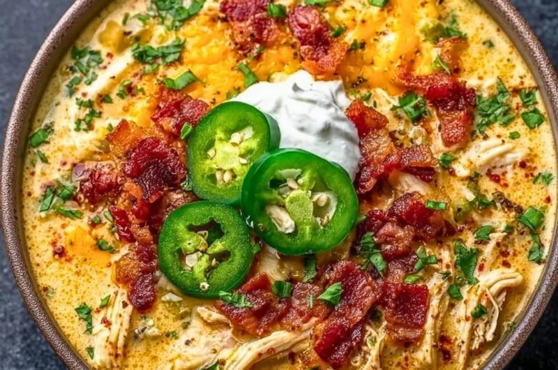 Bowl of spicy jalapeno popper chicken soup with toppings