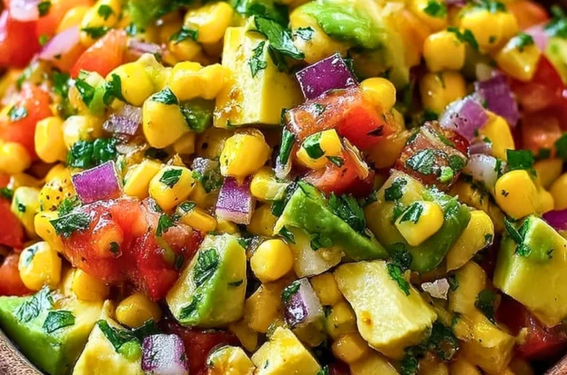 Delicious summer corn salad with fresh vegetables and herbs