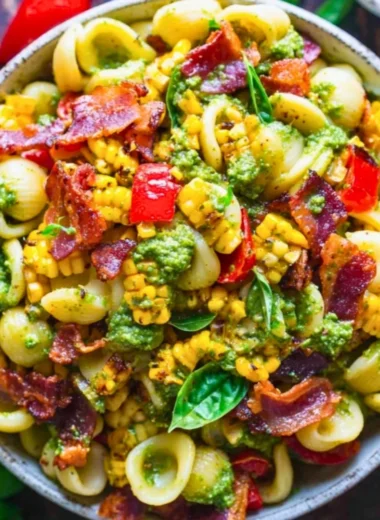 Summer pasta salad with corn, bell pepper, bacon, and creamy pesto dressing