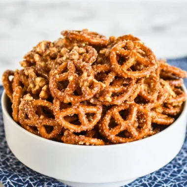Delicious butter toffee pretzels coated in a rich toffee glaze