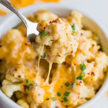 Delicious bowl of creamy cauliflower mac and cheese topped with breadcrumbs