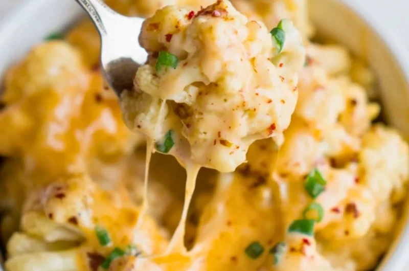 Delicious bowl of creamy cauliflower mac and cheese topped with breadcrumbs