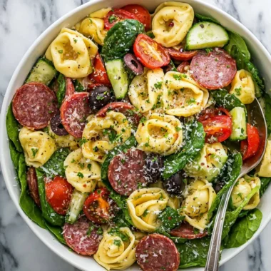 Colorful tortellini salad with fresh vegetables and dressing