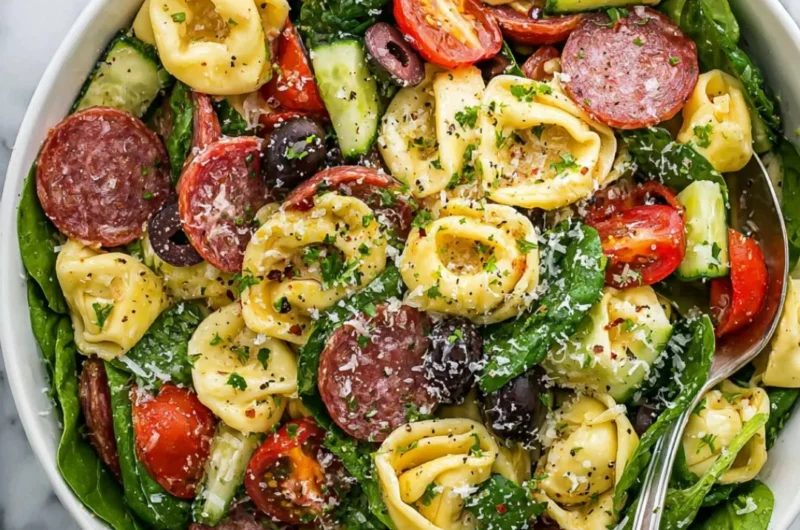 Colorful tortellini salad with fresh vegetables and dressing