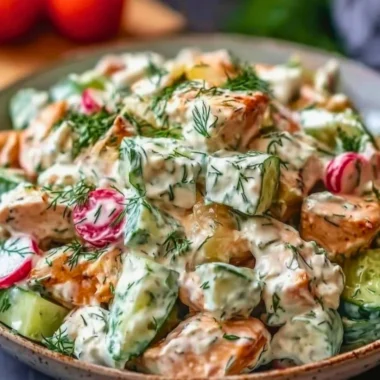 Delicious Tzatziki Chicken Salad with chicken, tzatziki sauce, and fresh vegetables