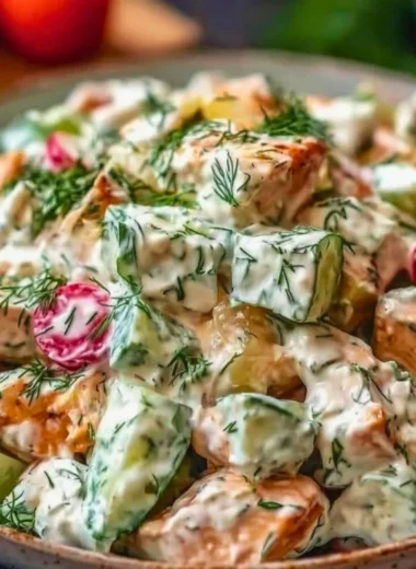 Delicious Tzatziki Chicken Salad with chicken, tzatziki sauce, and fresh vegetables