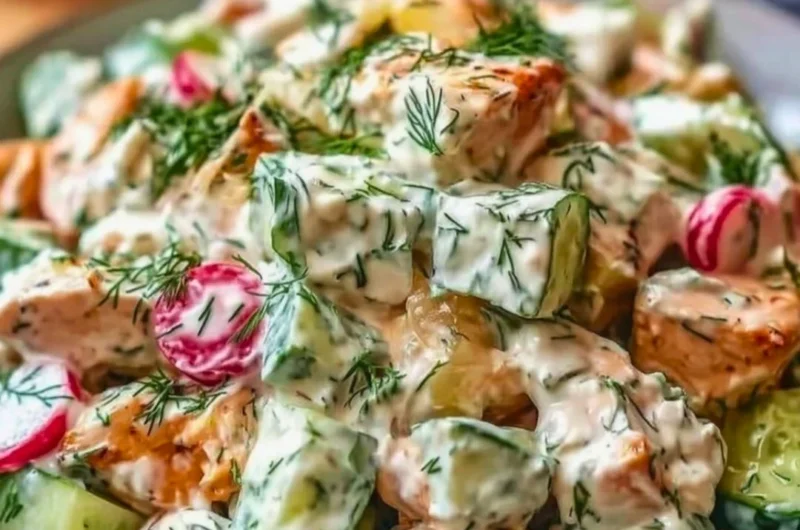 Delicious Tzatziki Chicken Salad with chicken, tzatziki sauce, and fresh vegetables
